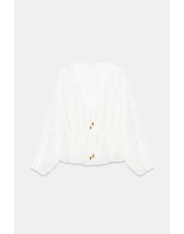 자라 도트 메쉬 자수 브이넥 블라우스 3098/897/250 WHITE