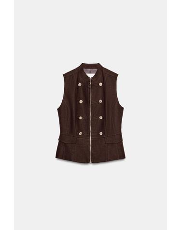 자라 린넨 혼방 집업 플랩 포켓 베스트 7760/733/700 BROWN