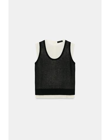 자라 배색 라운드넥 민소매 니트 탑 2142/275/070 ECRU / BLACK