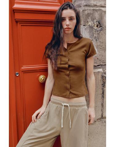 자라 골지 버튼 라운드넥 반팔 티셔츠 3253/802/700 BROWN
