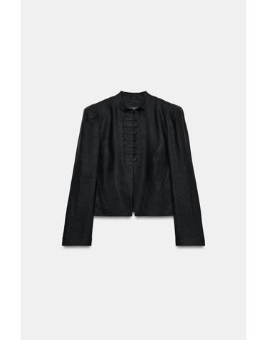 자라 린넨 하이넥 프릴 크롭 자켓 7022/947/800 BLACK