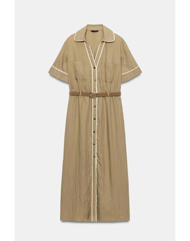 자라 배색 트림 벨트 반팔 미디 원피스 7908/881/751 DARK CAMEL