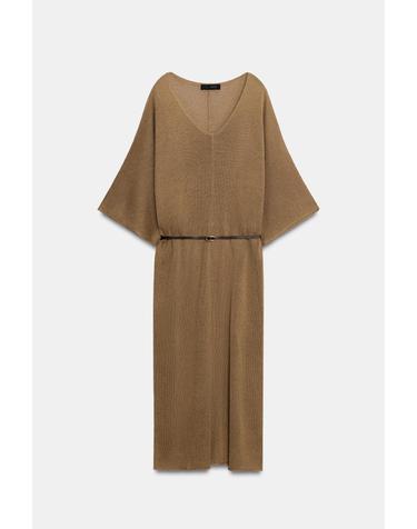자라 벨트 브이넥 니트 미디 원피스 2142/174/700 BROWN