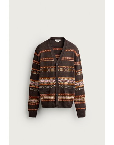 자라 코튼 린넨 자카드 브이넥 가디건 5755/341/700 BROWN