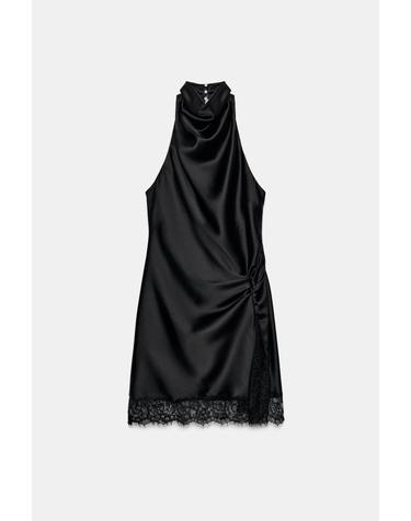 자라 레이스 헴 홀터넥 새틴 미니 원피스 7512/748/800 BLACK