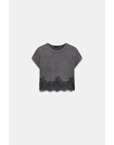 자라 크롭 레이스 라운드넥 반팔 티셔츠 5063/821/802 GREY