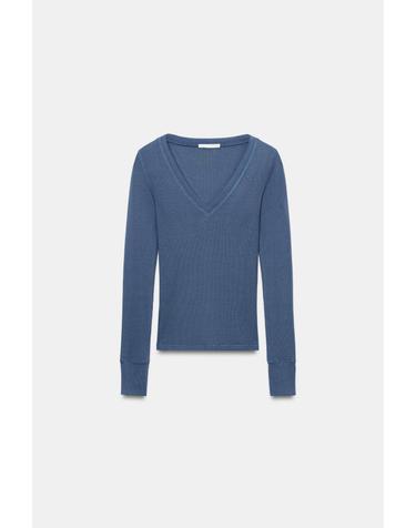 자라 슬림핏 브이넥 골지 긴팔 티셔츠 3253/804/200 BLUE / INDIGO