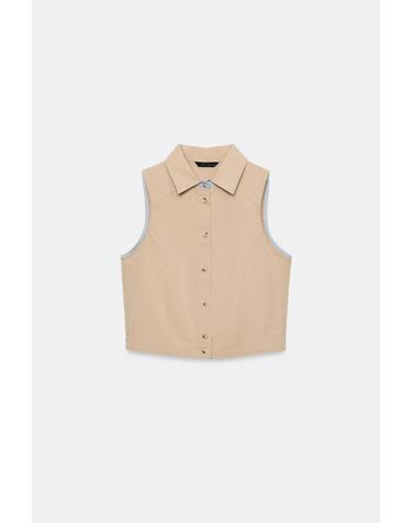 자라 배색 트림 크롭 민소매 셔츠 탑 2298/154/756 MID-CAMEL