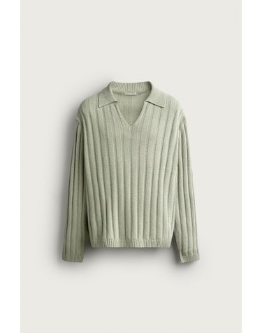 자라 린넨 코튼 골지 니트 긴팔 폴로셔츠 2893/307/519 WASHED GREEN