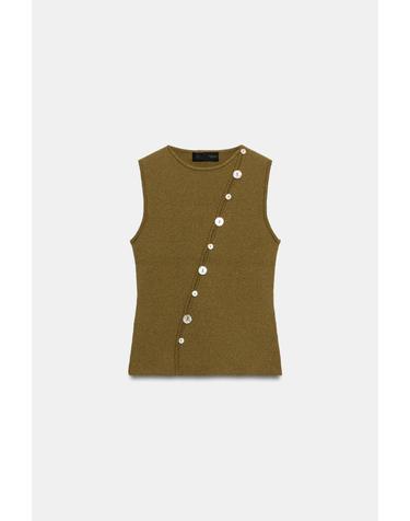 자라 비대칭 버튼 민소매 니트 탑 4938/102/507 DARK KHAKI