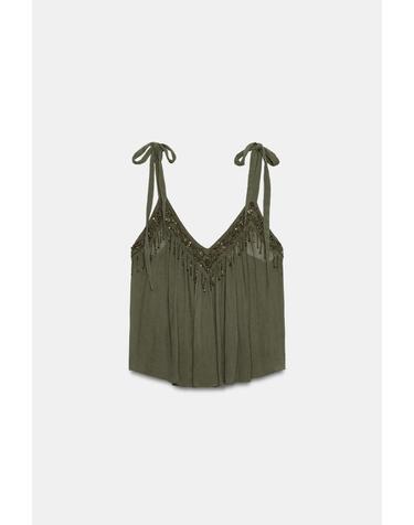 자라 비즈 브이넥 리본 스트랩 민소매 탑 5770/223/832 TAUPE GREY