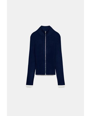 자라 골지 니트 하이넥 집업 가디건 3471/035/420 BLUISH