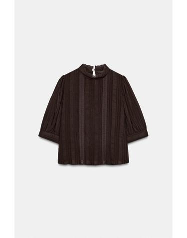 자라 로맨틱 레이스 하이넥 블라우스 8741/237/716 DARK BROWN