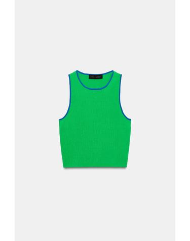 자라 파이핑 라운드넥 크롭 니트 민소매 탑 3519/011/500 GREEN
