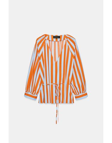 자라 스트라이프 벨트 브이넥 긴팔 셔츠 7093/320/104 STRIPED