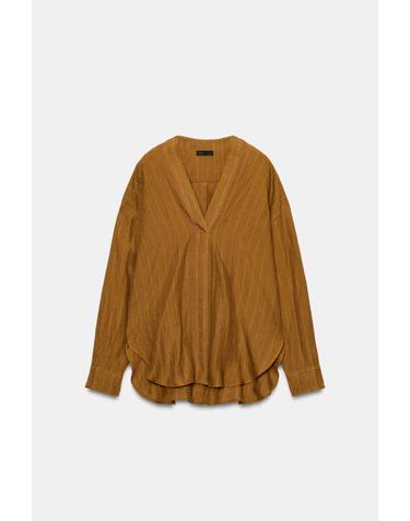 자라 린넨 스트라이프 브이넥 긴팔 셔츠 9066/827/104 STRIPED