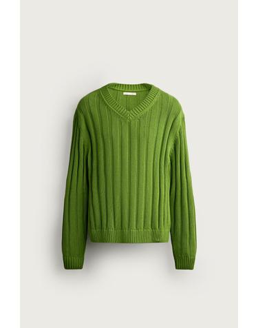 자라 릴렉스핏 골지 브이넥 니트 스웨터 2893/322/500 GREEN