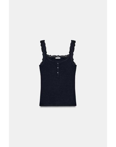 자라 레이스 트림 린넨 혼방 민소매 탑 4174/806/401 NAVY BLUE