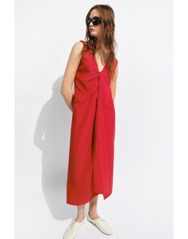 자라 린넨 혼방 브이넥 민소매 미디 원피스 2225/304/600 RED