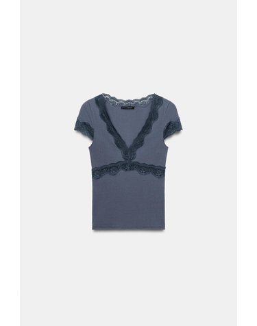 자라 레이스 디테일 브이넥 반팔 탑 4770/805/401 NAVY BLUE