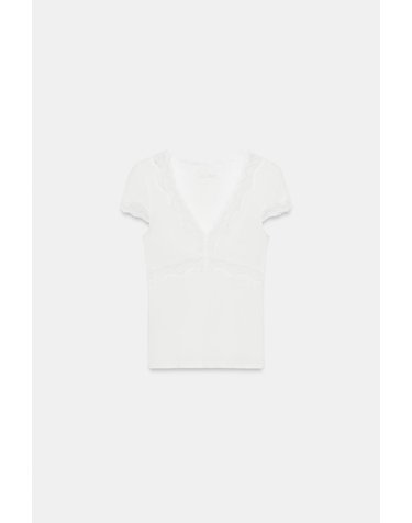자라 레이스 트림 브이넥 반팔 탑 4770/805/250 WHITE