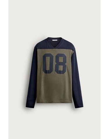 자라 컬러블록 넘버 브이넥 긴팔 티셔츠 4442/420/091 BEIGE / NAVY