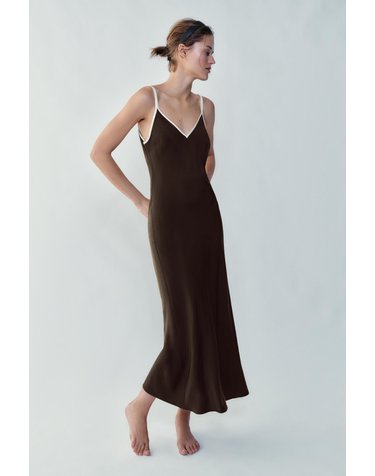 자라 새틴 브이넥 롱 원피스 7627/566/700 BROWN