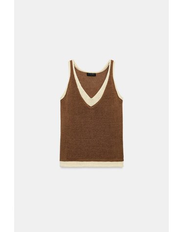 자라 브이넥 콤비 니트 민소매 탑 3921/011/087 BROWN / ECRU
