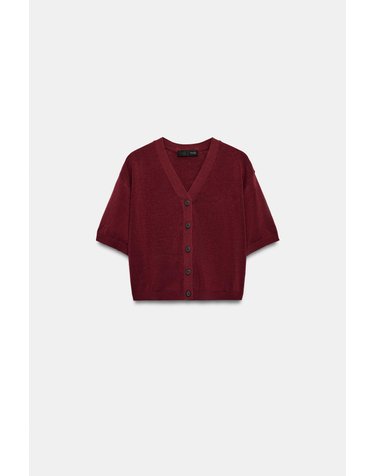 자라 브이넥 반팔 크롭 니트 가디건 9598/059/605 BURGUNDY