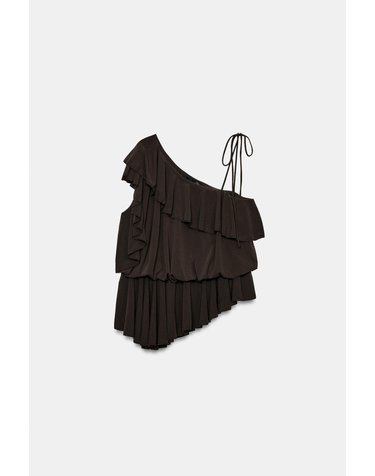 자라 비대칭 러플 원숄더 탑 5039/664/716 DARK BROWN