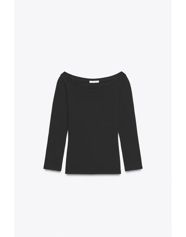 자라 슬림핏 보트넥 7부 소매 티셔츠 4174/829/800 BLACK