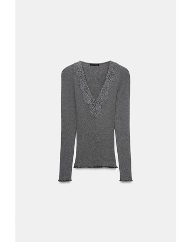 자라 슬림핏 메탈릭 얀 레이스 긴팔 탑 1067/625/922 DARK GREY