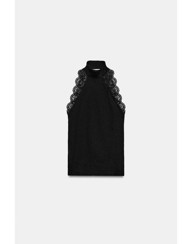자라 레이스 하이넥 골지 민소매 탑 5039/469/800 BLACK