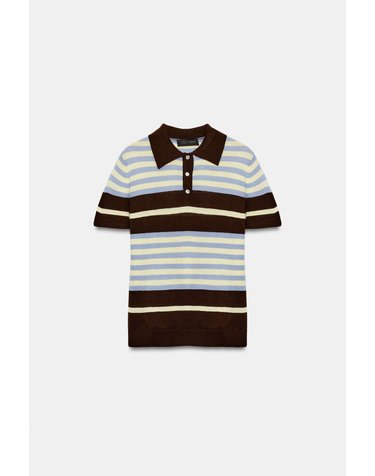 자라 스트라이프 반팔 니트 폴로 셔츠 6771/122/049 BROWN-BLUE