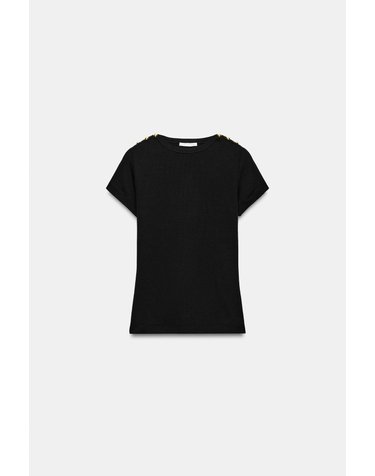 자라 슬림핏 골지 버튼 반팔 티셔츠 4174/704/800 BLACK