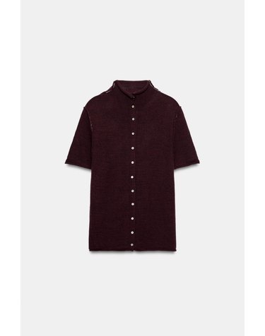 자라 하이넥 배색 반팔 가디건 3991/101/610 AUBERGINE