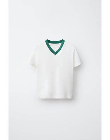 자라 0FR. PARIS X ZARA 컨트라스트 브이넥 반팔 코튼 티셔츠 0085/140/251 OYSTER-WHITE