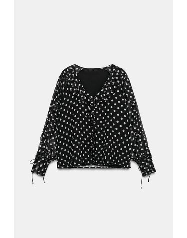 자라 도트 러플 브이넥 블라우스 4387/268/093 BLACK / ECRU