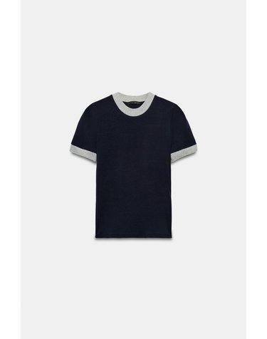 자라 메탈릭 골지 라운드넥 반팔 티셔츠 5644/150/030 BLUE/BLACK