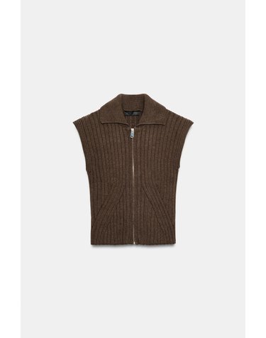 자라 골지 니트 집업 민소매 베스트 6771/204/700 BROWN