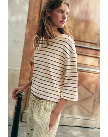 자라 스트라이프 7부 소매 티셔츠 4424/628/178 BROWN STRIPES