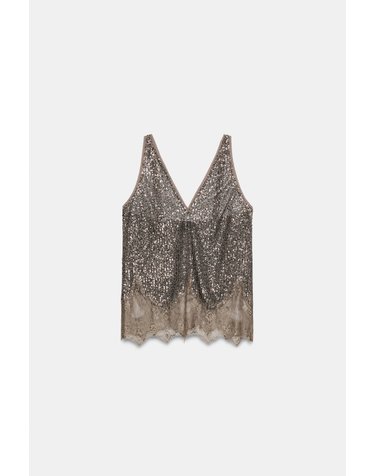 자라 시퀸 레이스 브이넥 민소매 탑 1758/203/836 DARK SILVER