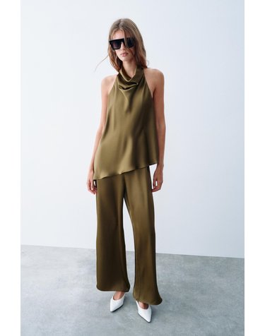 자라 새틴 홀터넥 오픈백 점프수트 8053/625/528 DARK OLIVE