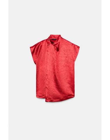자라 새틴 크리즈 하이넥 반팔 탑 7171/601/600 RED