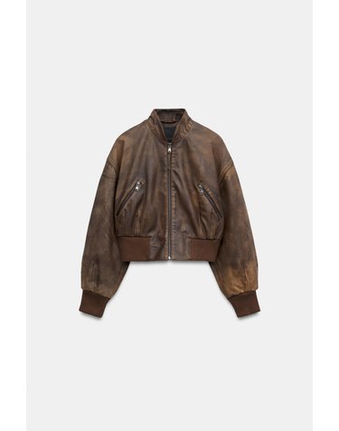 자라 100% 레더 크롭 봄버 자켓 1966/260/700 BROWN