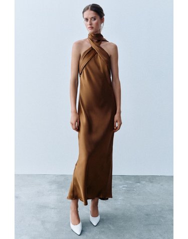 자라 새틴 크로스 홀터넥 롱 원피스 7961/566/732 CARAMEL