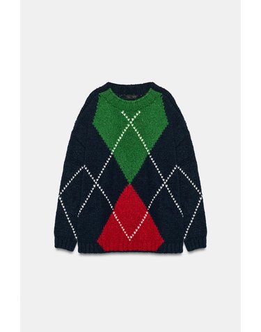 자라 오버사이즈 아가일 니트 스웨터 5802/111/401 NAVY BLUE