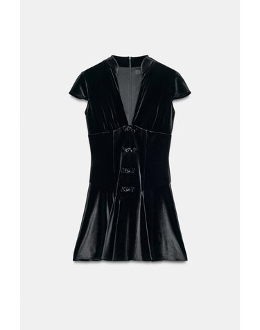 자라 벨벳 브이넥 반팔 미니 원피스 4772/263/800 BLACK