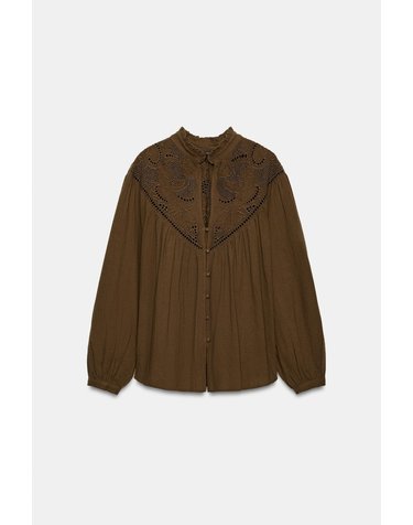자라 컷워크 자수 러플 긴팔 블라우스 5770/236/505 KHAKI
