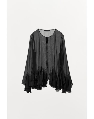 자라 시스루 러플 라운드넥 긴팔 셔츠 1385/375/800 BLACK